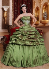 Olive Green Strapless Taffeta Appliques Quinceanera Dresses Gowns with Pick-ups