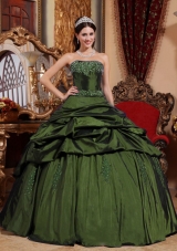 Olive Green Strapless Taffeta Discount Quinceanera Dress with Beading