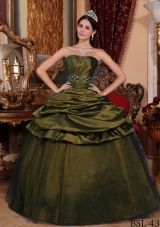 Olive Green Strapless Tulle and Taffeta Beading and Pick-ups Dresses For a Quince
