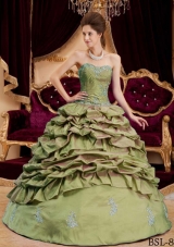 Olive Green Sweetheart Appliques Sweet Sixteen Dresses with Pick-ups