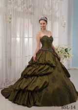 Olive Green Sweetheart Court Train Sweet 16 Dresses with Pick-ups and Appliques