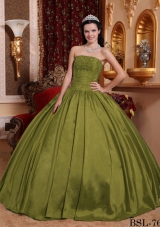 Puffy Strapless Taffeta Beading Olive Green Dresses For a Quince