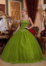 Spaghetti Straps Tulle Beading Olive Green Dresses For a Quinceanera