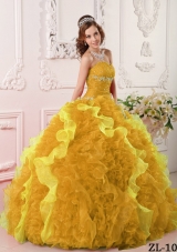 2014 Classical Gold Puffy Sweetheart Beading Quinceanera Dress with Appliques