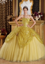 2014 Gold Puffy Sweetheart Sequines Quinceanera Dress with Handle Flowers