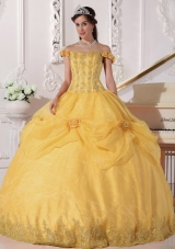 2014 Golden Off The Shoulder Appliques Quinceanera Dress with Hand Made Flowers