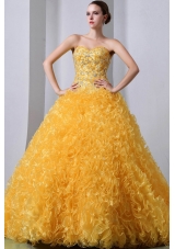 2014 Golden Princess Sweetheart Brush Train Ruffles Quinceanea Dress with Beading