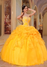 2014 Golden Puffy Sweetheart Appliques and Pick-ups Quinceanera Dress with Hand Made Flower
