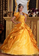 2014 Gorgeous Gold Puffy Sweetheart Appliques Quinceanera Dress with Pick-ups