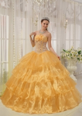 2014 Orange Puffy Strapless Beading and Hand Made Flower Quinceanera Dress with Ruffled Layers