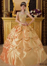 Lovely Golden Puffy Halter Appliques for 2014 Quinceanera Dress