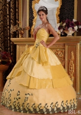 Yellow Ball Gown Sweetheart Appliques 2014 Quinceanera Dress with Beading