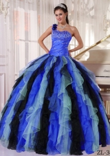 2014 New Multi-colored One Shoulder Beading and Ruffles Quinceanera Dresses