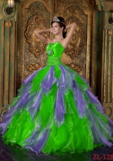2014 Spring Green Puffy Strapless Beading and Ruffles Quinceanera Dresses