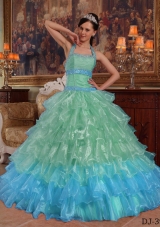 Apple Green Puffy Halter 2014 Beading Quinceanera Dresses with Ruffles