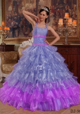 Modest Puffy Halter 2014 Beading Quinceanera Dresses with Ruffled Layers