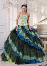 Multi-color Puffy Strapless Appliques and Beading 2014 Quinceanera Dresses
