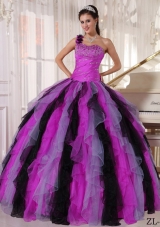 Multi-colored Puffy One Shoulder Beading and Ruffles Quinceanera Dresses for 2014