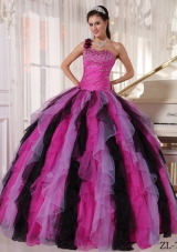 Puffy One Shoulder Beading and Ruffles 2014 Quinceanera Dresses with Multi-colored