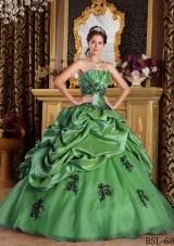 2014 Green Princess Strapless Appliques Quinceanera Dress with Pick-ups