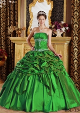 2014 Green Puffy Strapless Pick-ups Quinceanera Dress with Appliques
