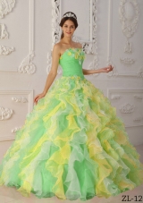 2014 Multi-Color Puffy Strapless Hand Made Flowers and Ruffles Quinceanera Dresses