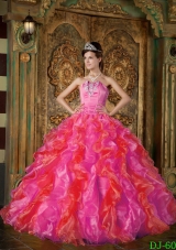 2014 Spring Hot Pink Puffy Strapless Quinceanera Dresses Ruffles