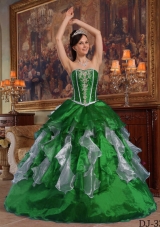 Cute Puffy Sweetheart with Ruffles and Beading for 2014 Dark Green Quinceanera Dress