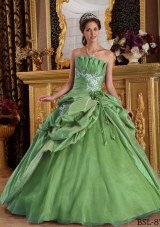 Gorgeous Green Puffy Strapless with Appliques for 2014 Quinceanera Dress