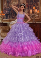 Lavender Puffy Halter 2014 Beading Quinceanera Dresses with Ruffled Layers