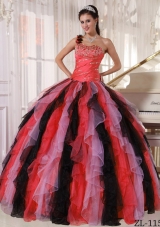 Lovely Multi-colored Puffy One Shoulder Beading and Ruffles 2014 Quinceanera Dress