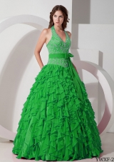 Modest Puffy Halter Ruffles and Embroidery for 2014 Quinceanera Dress with Bow