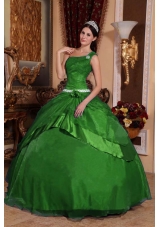 2014 Classical Puffy One Shoulder Green Quinceanera Dress with Hand Made Flower and Beading