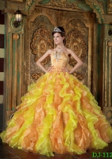 2014 Elegant Puffy Strapless Beading and Ruffles Quinceanera Dresses