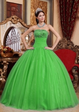 2014 Green Puffy Strapless Embroidery and Beading Quinceanera Dress