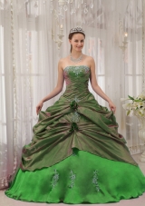 2014 Puffy Strapless Appliques with Pick-ups Decorate for Pretty Green Quinceanera Dress