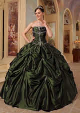 2014 Puffy Strapless with Pick-ups and Beading for Olive Green Quinceanera Dress