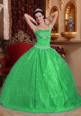 Classical Green Puffy Spaghetti Straps with Sequined Beading Quinceanera Dress for 2014