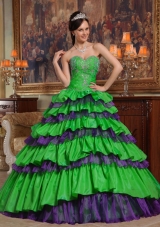 Green Puffy Sweetheart with Layers and Beading Decorate for 2014 Quinceanera Dress
