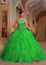 Lovely Spring Green Puffy Halter for 2014 Quinceanera Dress with Beading and Embroidery