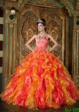 New Style Orange Red Puffy Strapless Ruffles Quinceanera Dresses for 2014
