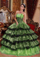 Puffy Sweetheart Decorate for 2014 Green and Black Quinceanera Dress with Layers