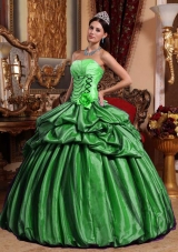 Romantic Green Puffy Strapless for 2014 Quinceanera Dress with Pick-ups and Flowers