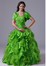 The Super Hot Puffy Green Ruffles and Beading Decorate Bust Quinceanera Dress