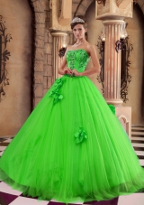 2014 Classical Green Puffy Strapless with Beading and Hand Made Flowers Quinceanera Dress