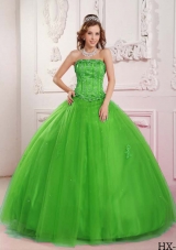 2014 Elegant Puffy Strapless Spring Green Quinceanera Dress with Appliques and Beading