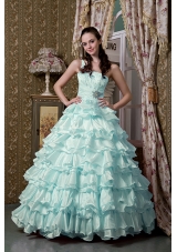 2014 Light Blue Princess One Shoulder Beading Quinceanea Dresses with Ruffled Layers