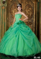 2014 New Style Green Puffy Strapless Beading Quinceanera Dress with Hand Made Flower
