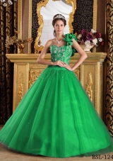 Brand New Green Princess One Shoulder with Beading Quinceanera Dress for 2014