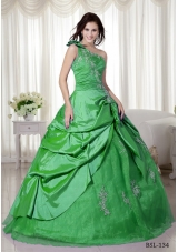 Elegant Puffy One Shoulder with Pick-ups and Appliques for 2014 Quinceanera Dress